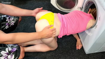 Tiny stepsister gets stuck in the washing machine and likes it a lot.