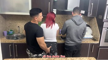 Cuckold husband watches as his friend fondles his wife in the kitchen