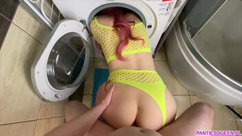 Stepmother gets stuck in the washing machine and gives in to her desires.